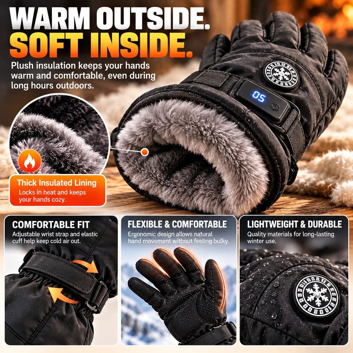 🔥 Rechargeable Heated Gloves – 3 Heat Settings, Waterproof Touchscreen Winter Gloves