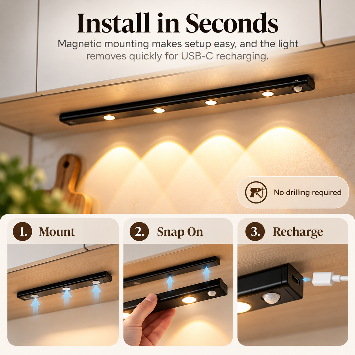 💡✨ Smart LED Motion Sensor Under Cabinet Lights 🚶♂️ | 🌈 3 Color Temperatures & 3 Lighting Modes | 🧲 Magnetic Installation 🔋 USB-C Rechargeable | 🏡 Wireless Kitchen, Closet & Home Lighting | 📏 40/50/60cm