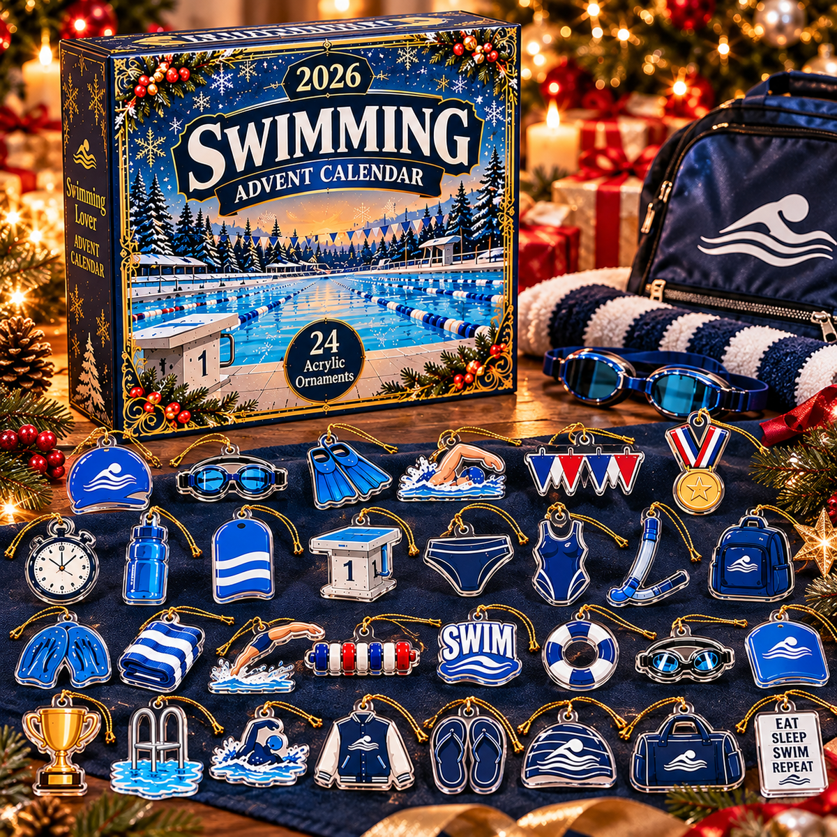 🏊 Swimming Advent Calendar 2026 – 24 Acrylic Swimming Ornaments 🎄 | Christmas Gift for Swimmers 🎁