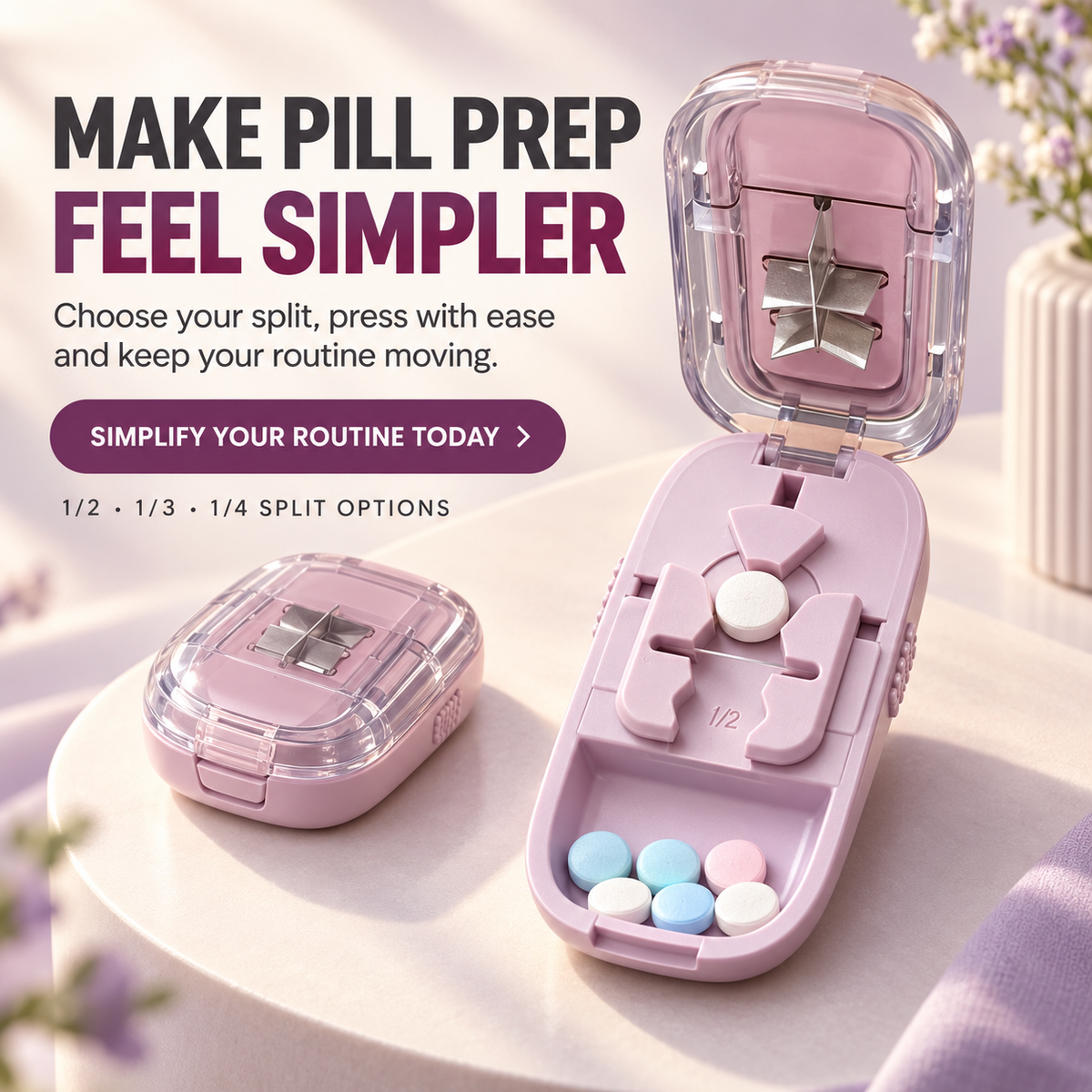 3-Way Precision Pill Cutter with Storage – 1/2, 1/3 & 1/4 Split Options