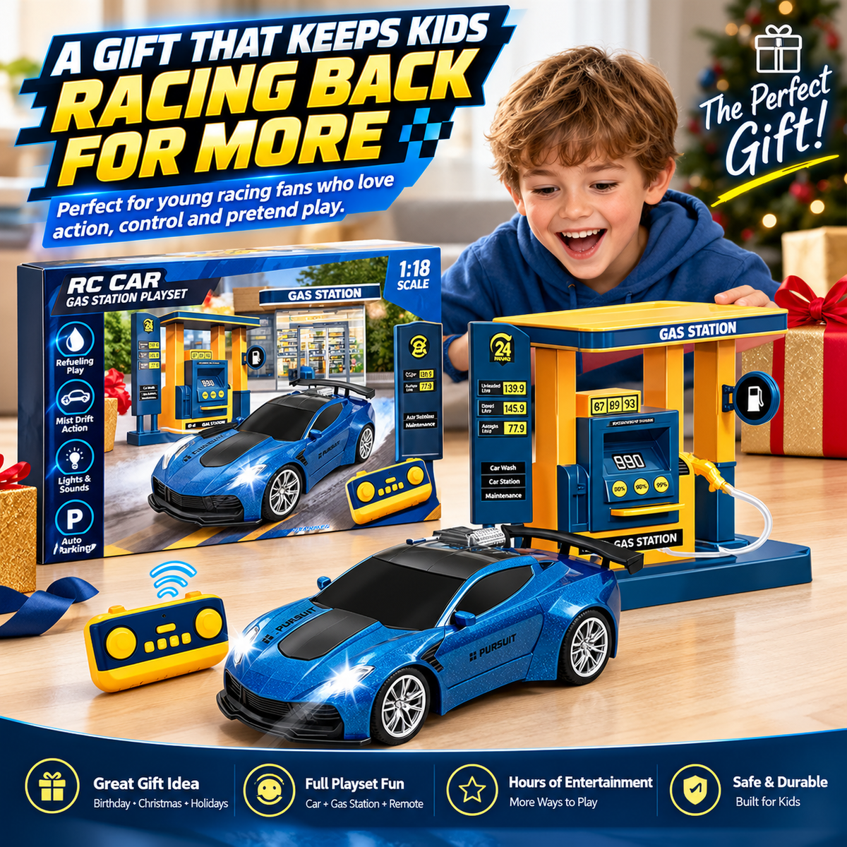 🏎️ Refuel & Drift RC Car Playset – Mist Spray, Lights, Sounds & Gas Station Fun