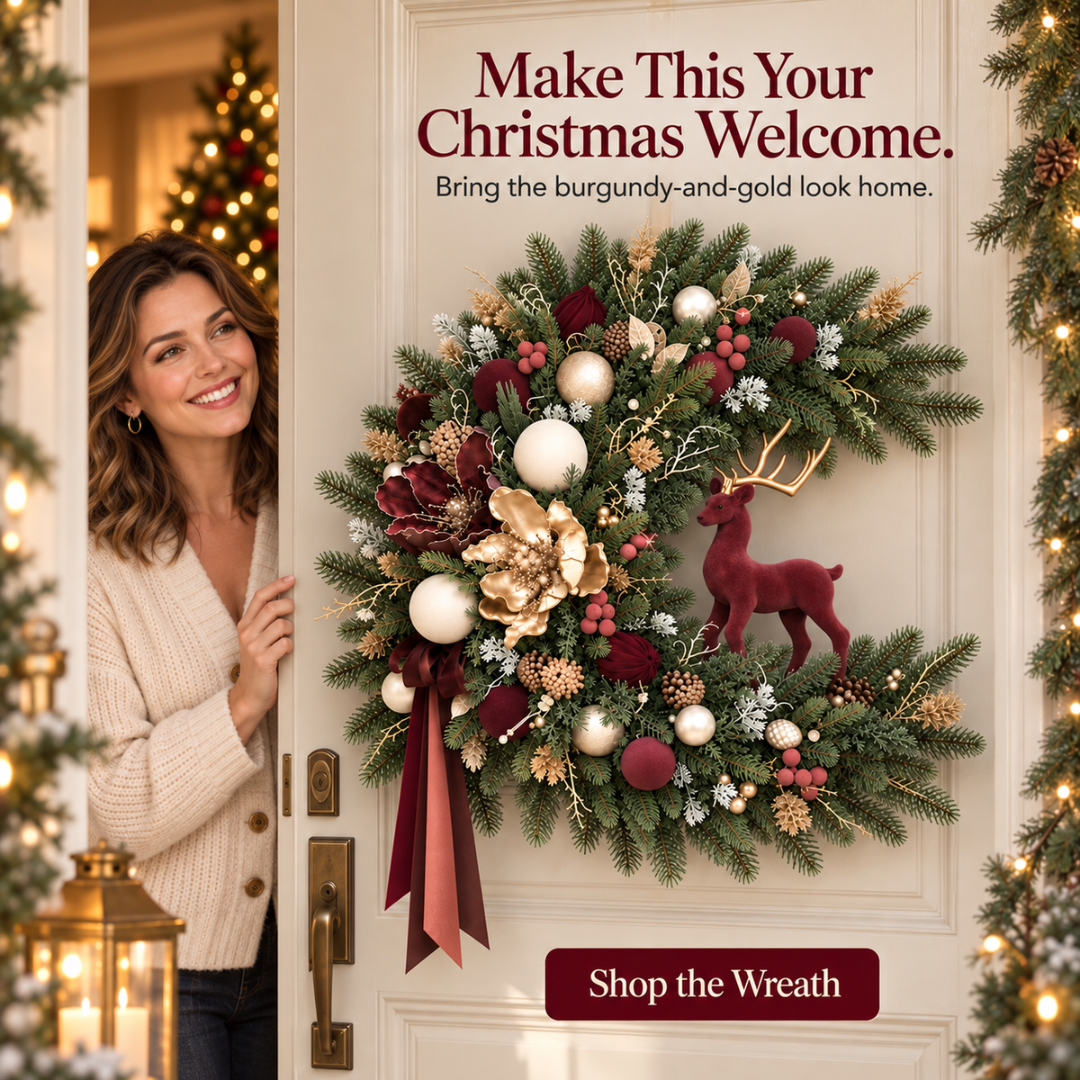 Burgundy Deer Christmas Wreath — Make Your Entrance Unforgettable