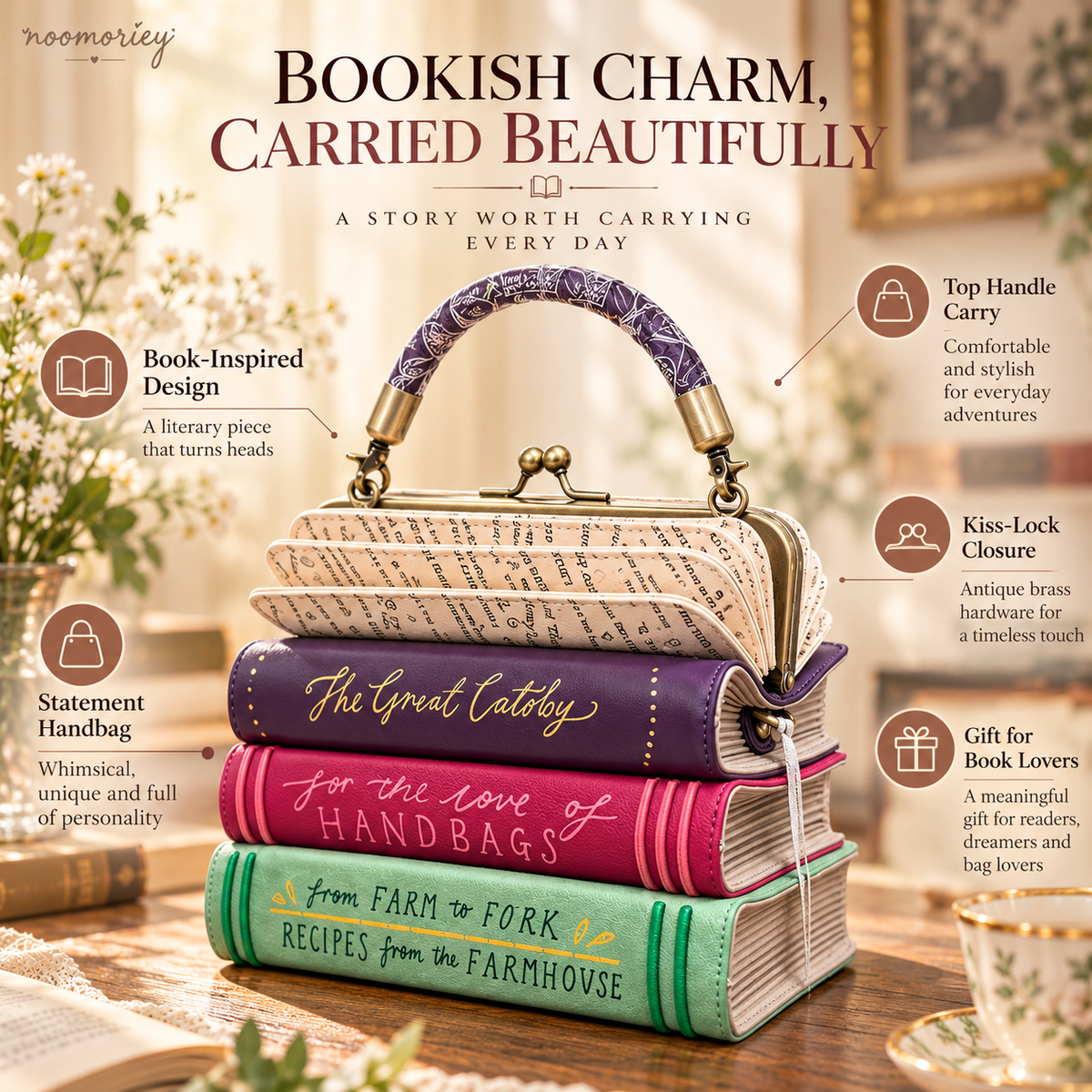 ✨👜Book Stack Handbag – Vintage-Inspired Book-Shaped Top Handle Purse, Unique Gift for Book Lovers💕
