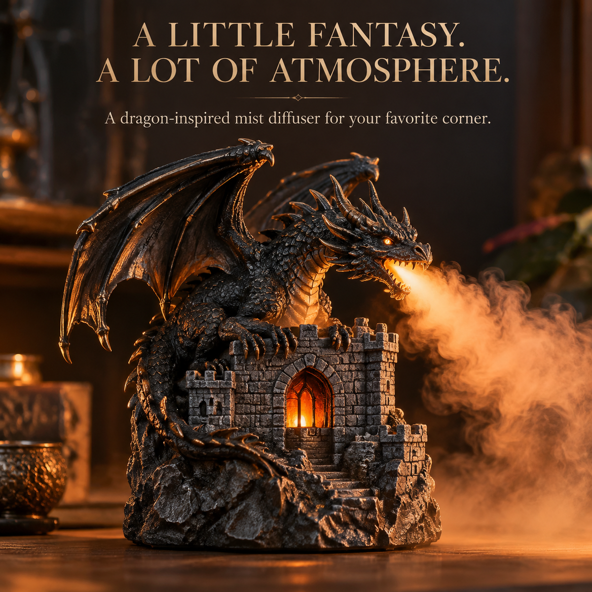 🐉🔥Flame Mist Diffuser – Gothic Castle Decor, Glowing Ember Mist & Fantasy Bookshelf Display