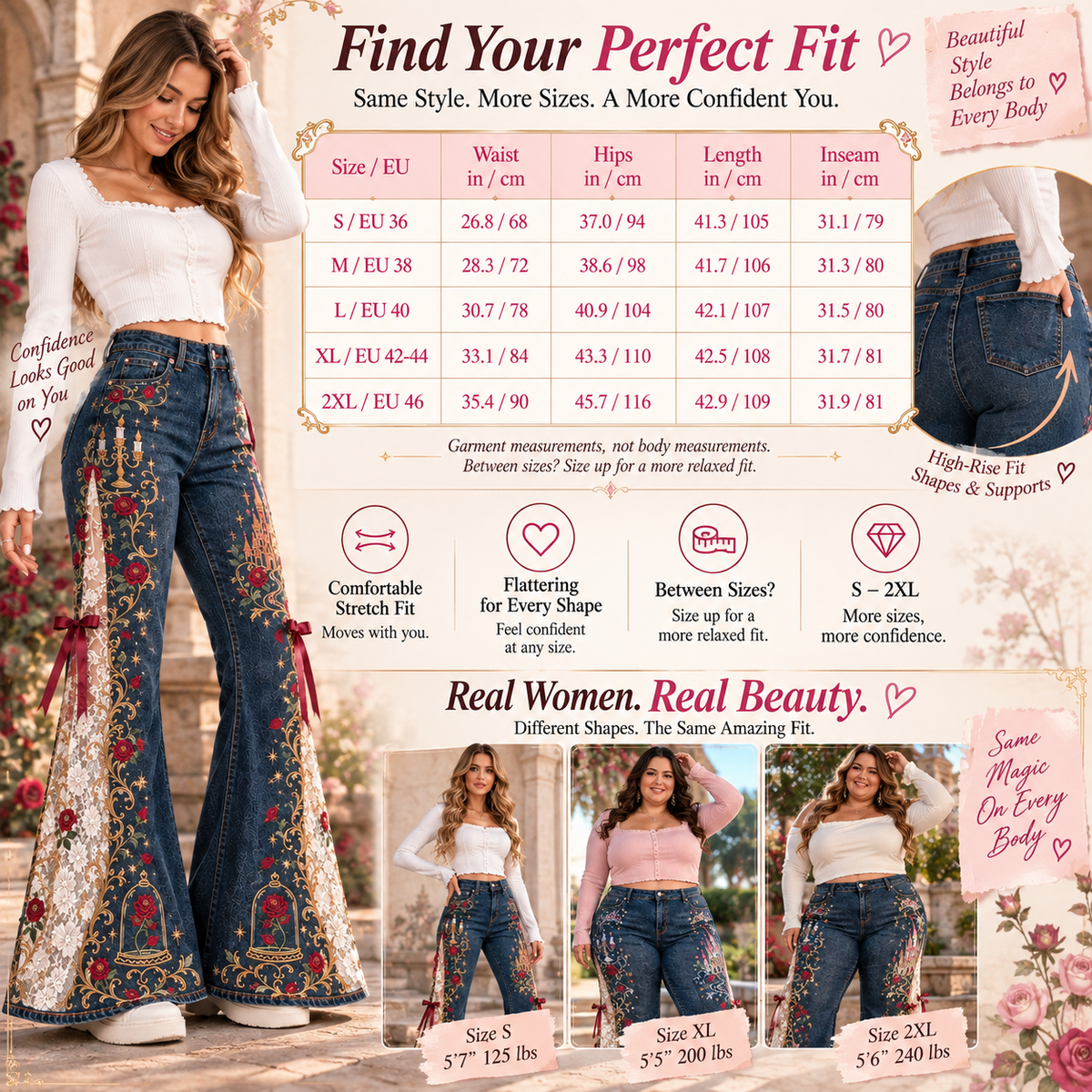 Fairytale Lace Flare Jeans – High-Waisted Embroidered Denim with Romantic Details ✨