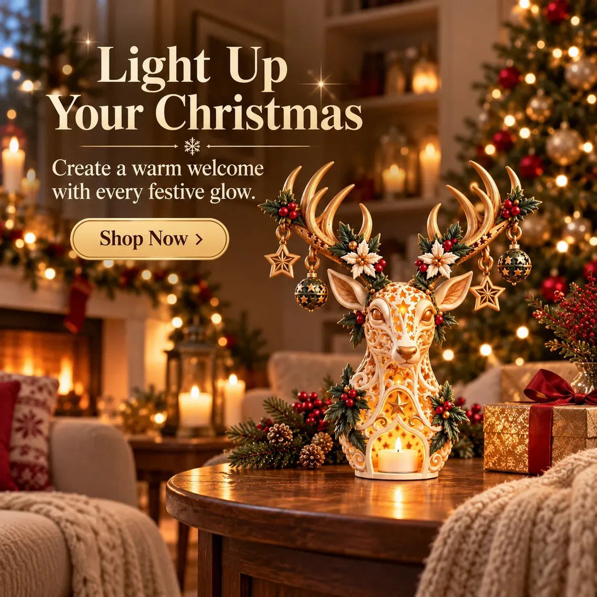 🦌✨ Golden Starlight Reindeer™ – Christmas Candle Holder with Magical Starry Glow 🎄🕯️