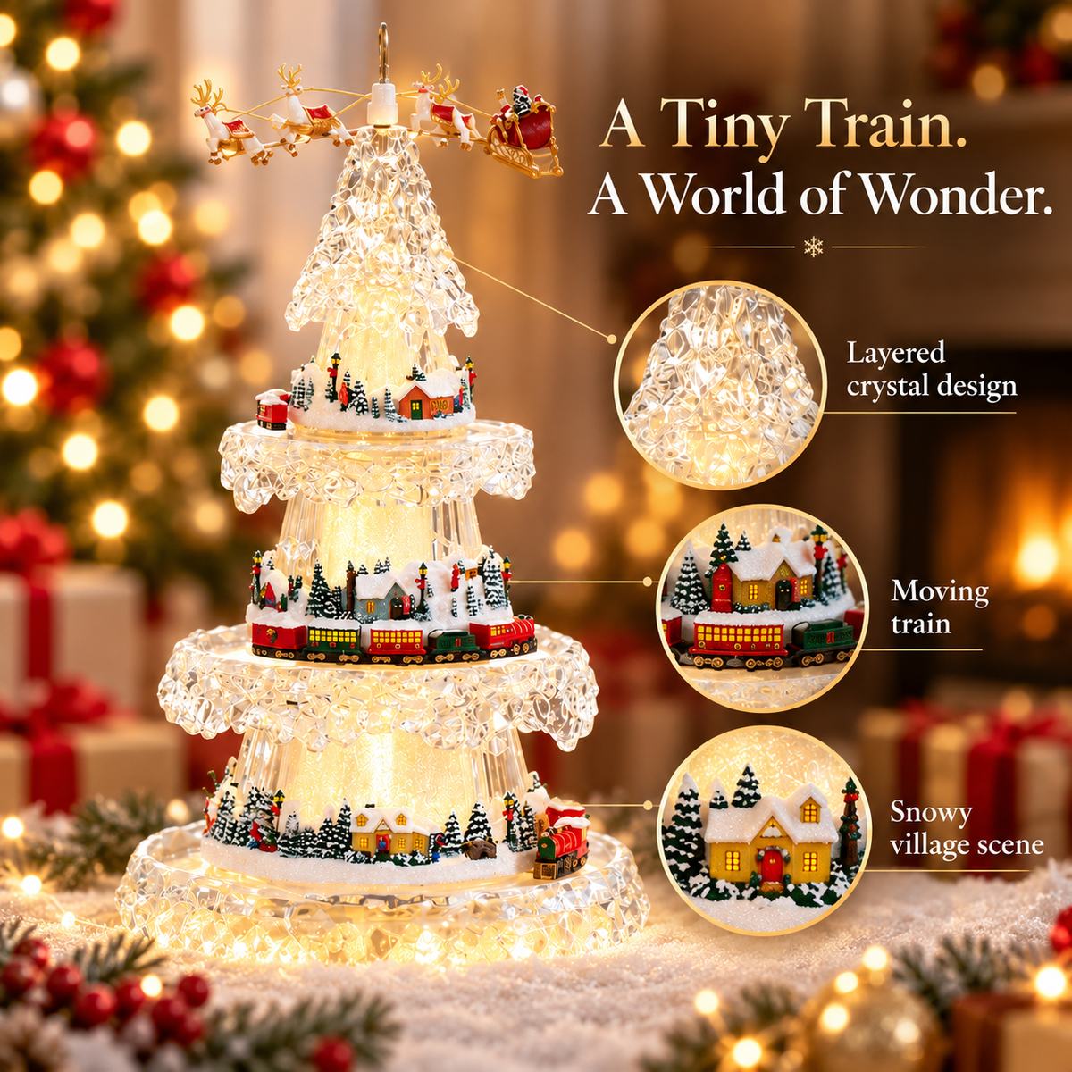 🎄 Musical Christmas Tree with Animated Train – Light-Up Acrylic Holiday Village Tabletop Decoration