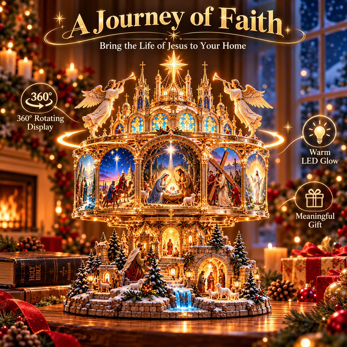 ✝️✨ Journey of Faith™ – 360° Rotating Lighted Bible Story Nativity Display with Angelic Cathedral & Sacred Scenes