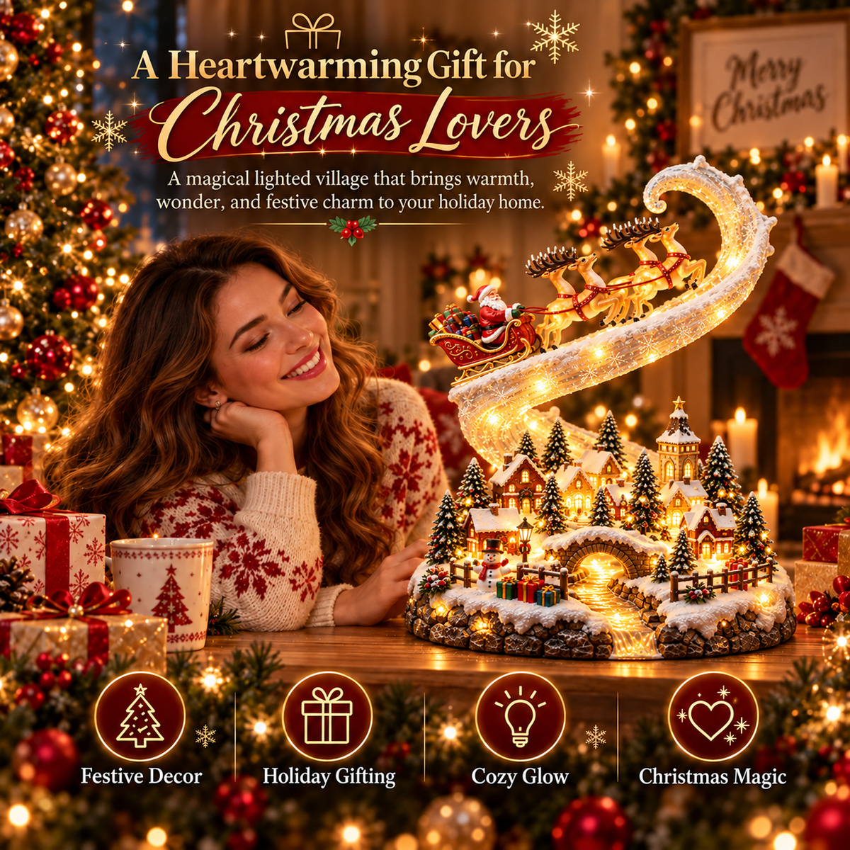 Enchanted Christmas Glow Collection – Lighted Santa Sleigh & Snowman Christmas Decor