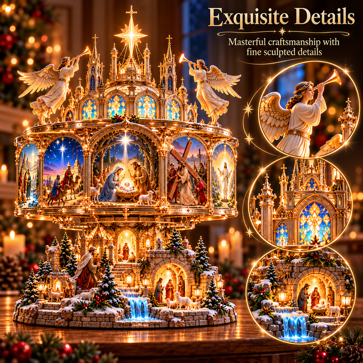 ✝️✨ Journey of Faith™ – 360° Rotating Lighted Bible Story Nativity Display with Angelic Cathedral & Sacred Scenes