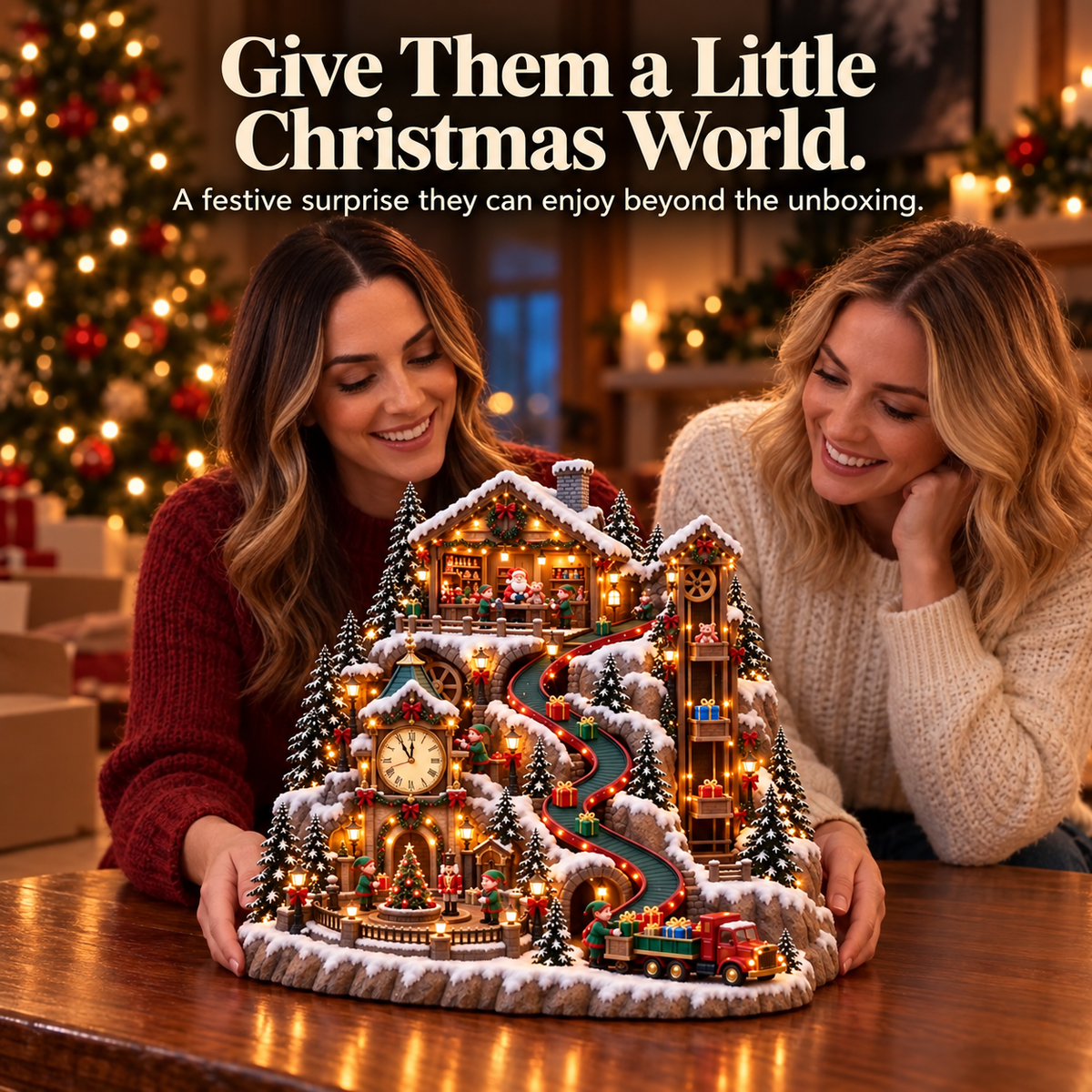🎄✨ Lighted Christmas Village with Mini Train, Snowy Clock Tower & Festive LED Lights 🚂❄️