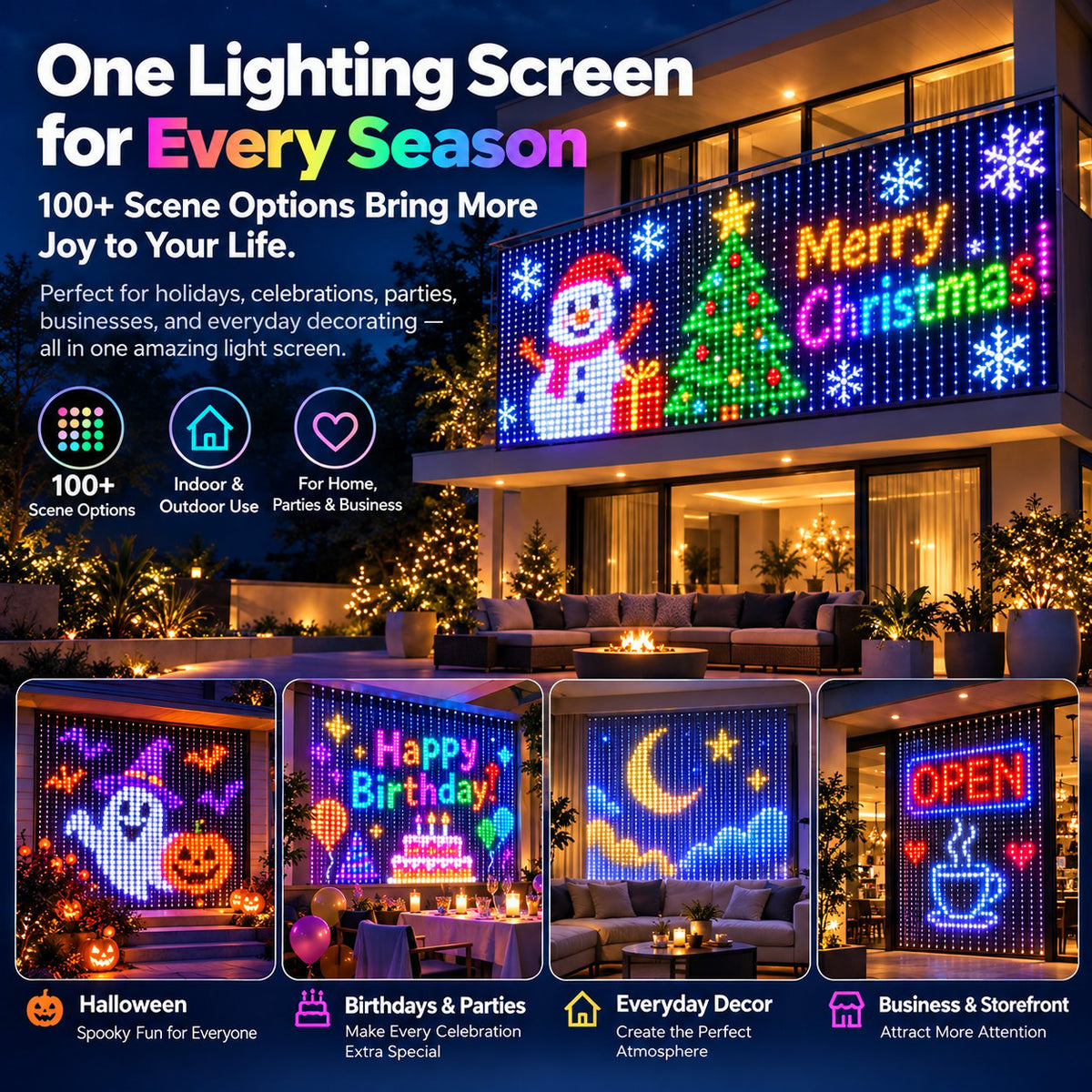 LED curtain light scenes for Christmas, Halloween, birthdays and weddings