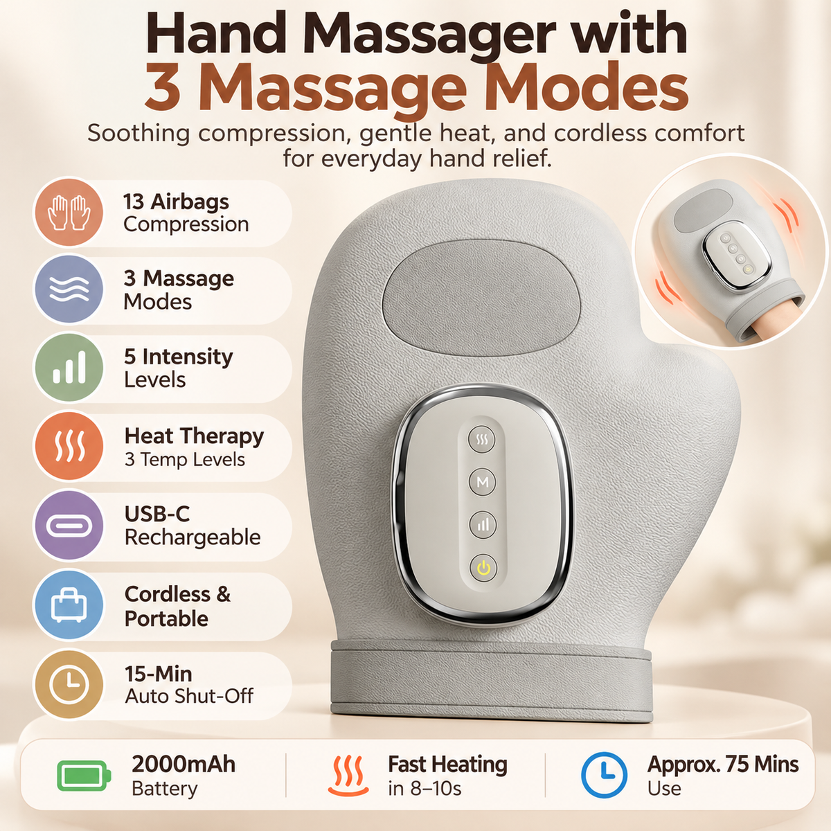Hand Massager with 3 Massage Modes, Heat and Compression Function, for Arthritis, Relief of Carpal Tunnel and Trigger Finger Pain