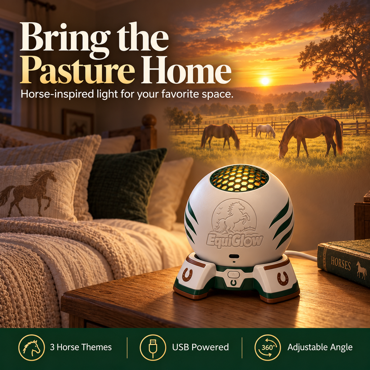 Horse scene projector displaying warm sunset pasture in a cozy bedroom