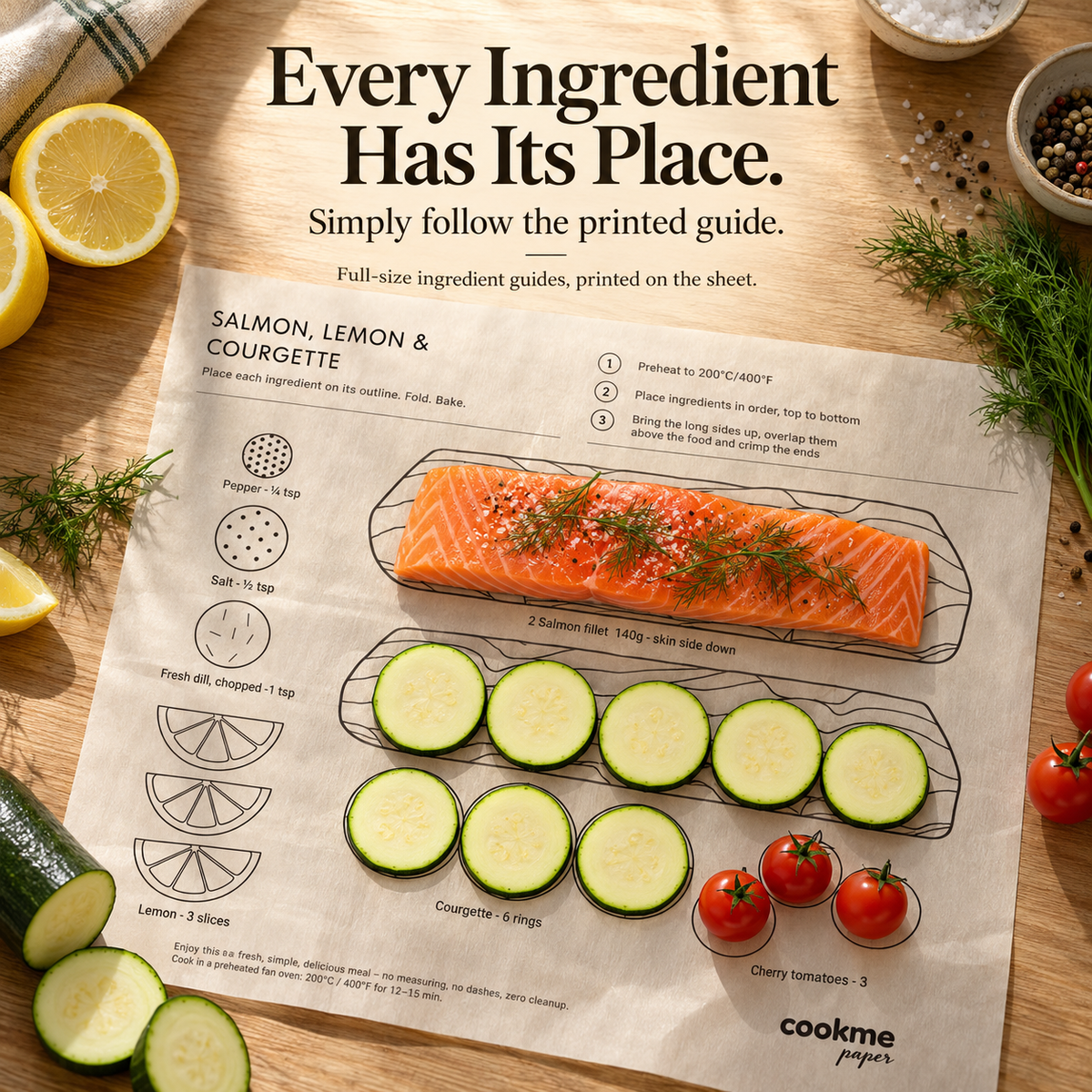 🍽️ Recipe-Printed Parchment Sheets – Place, Fold & Bake
