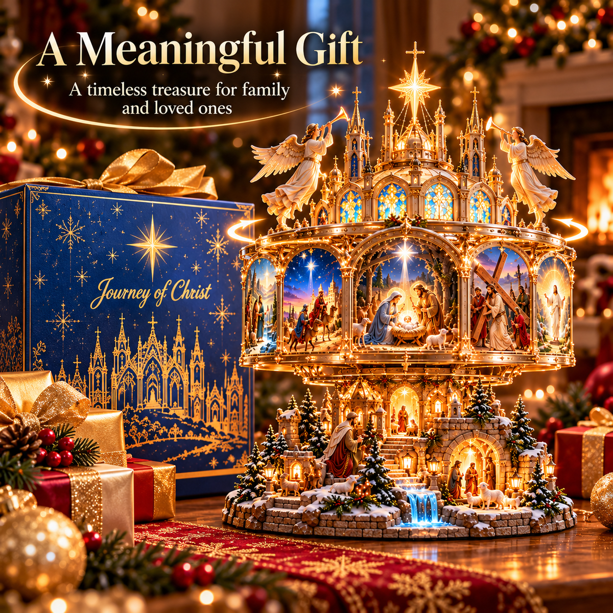 ✝️✨ Journey of Faith™ – 360° Rotating Lighted Bible Story Nativity Display with Angelic Cathedral & Sacred Scenes