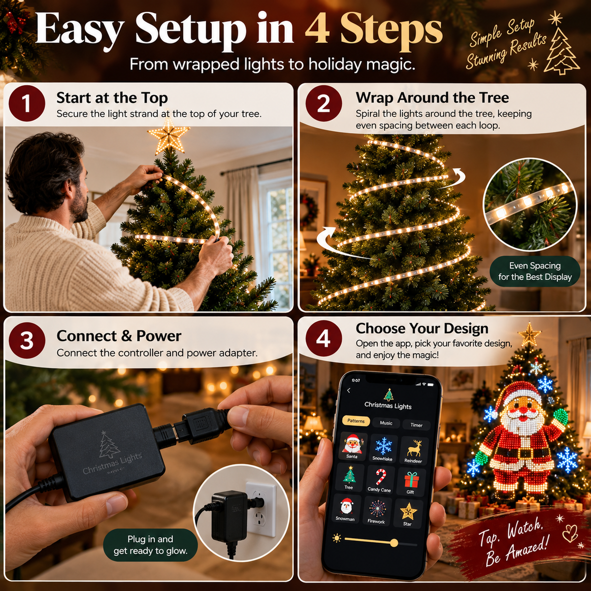 🎄 Smart Wrap-Around Christmas Tree Lights – 12+ App-Controlled Festive Designs
