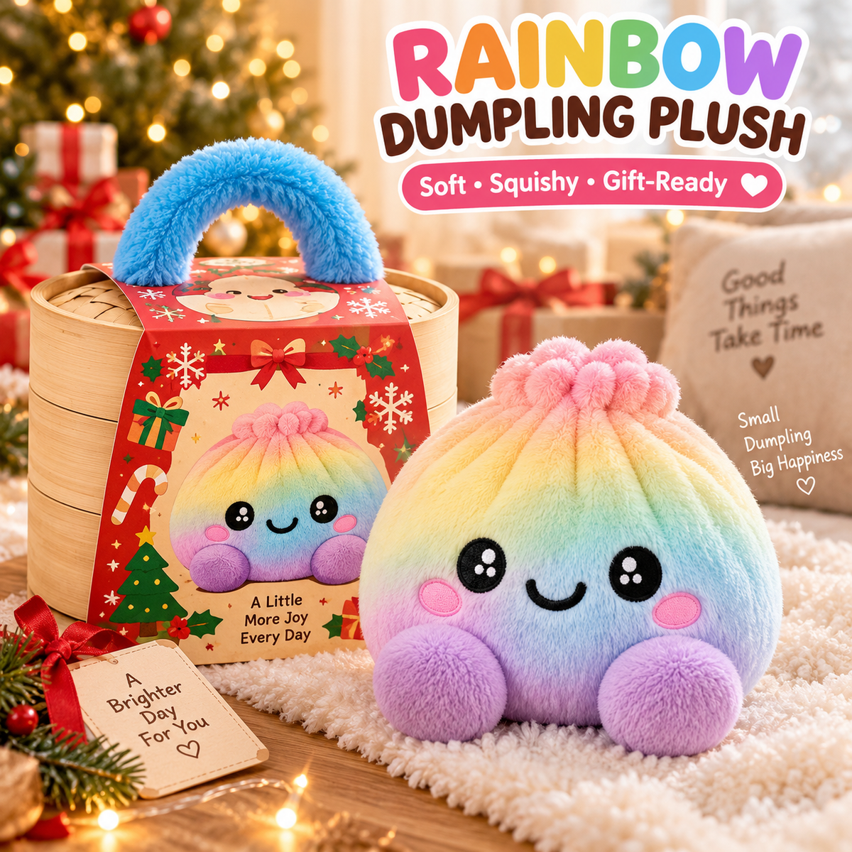 🌈Cute Plush Stuffed Dumpling Squishies, Big Rainbow Squishes with Steamer🎁