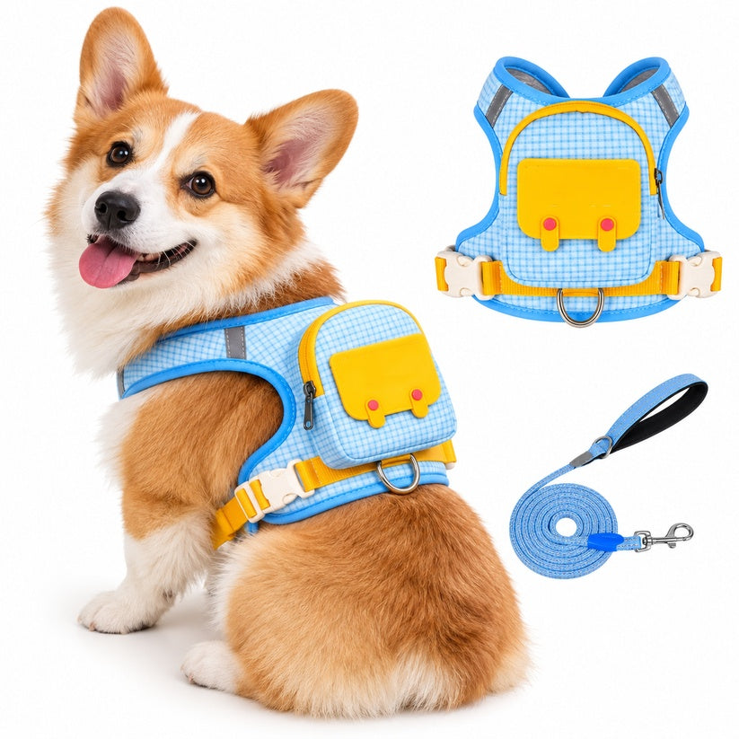 🐶 Dog Backpack Harness & Leash Set – Breathable Walking Vest with Storage Pocket