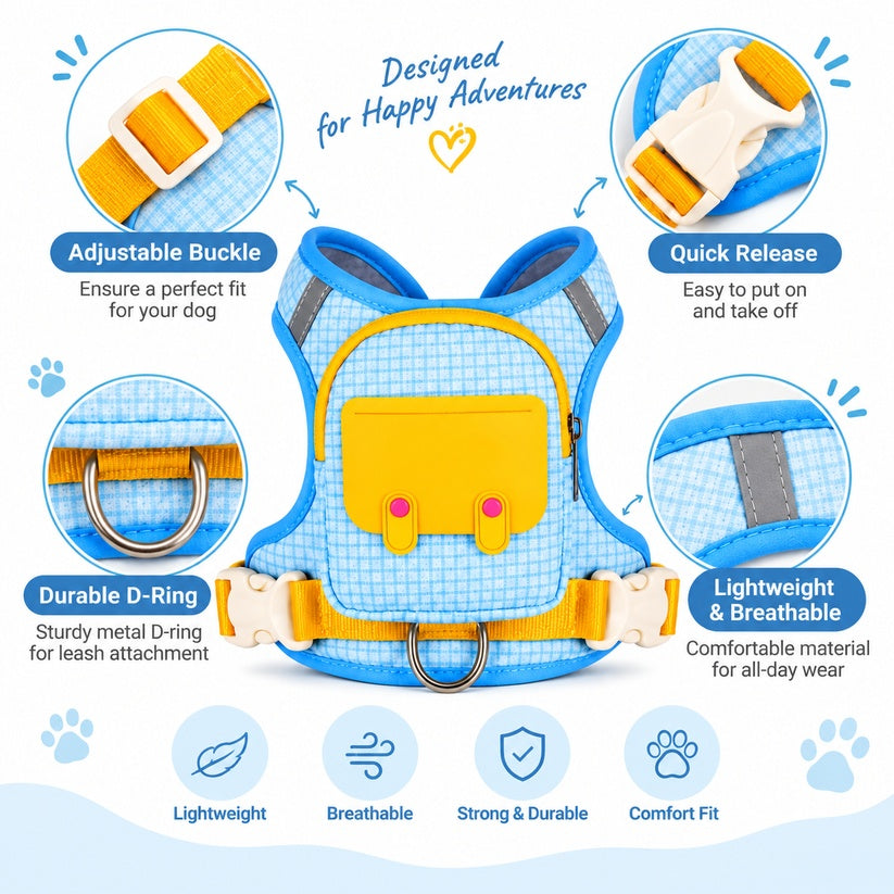 🐶 Dog Backpack Harness & Leash Set – Breathable Walking Vest with Storage Pocket