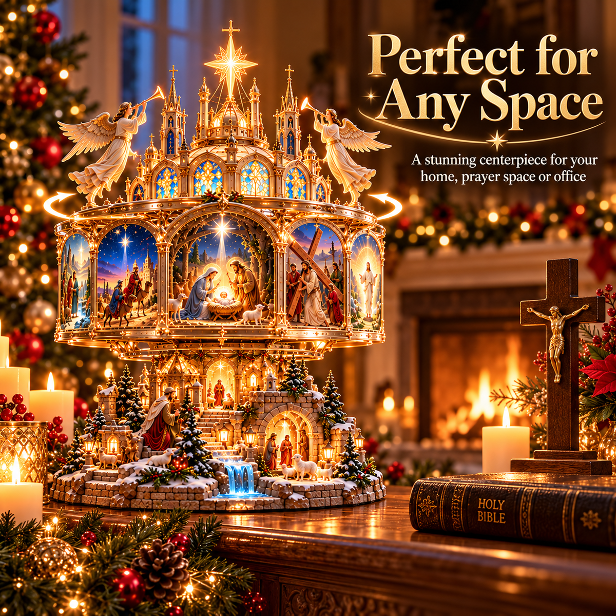 ✝️✨ Journey of Faith™ – 360° Rotating Lighted Bible Story Nativity Display with Angelic Cathedral & Sacred Scenes