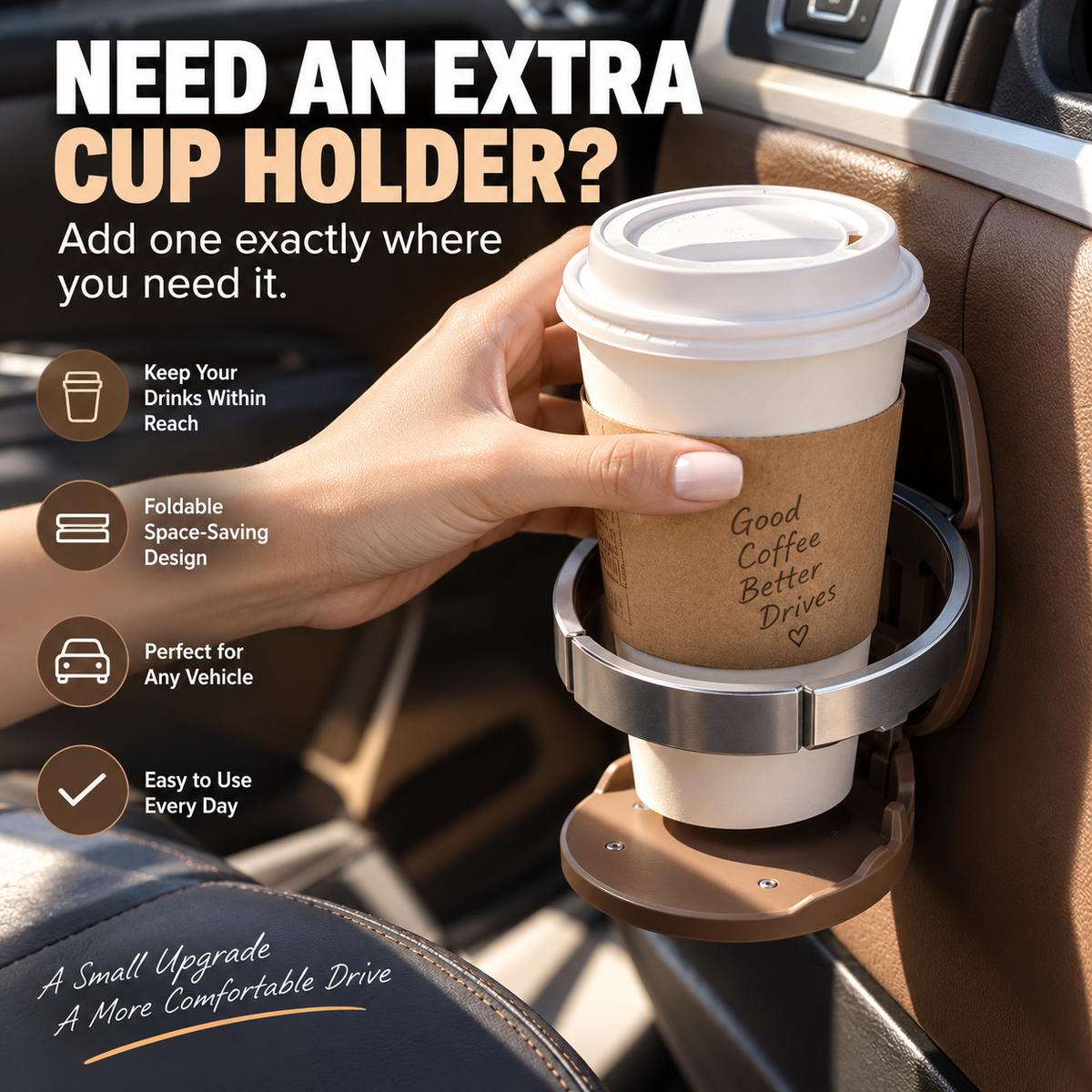 Foldable car cup holder with coffee cup