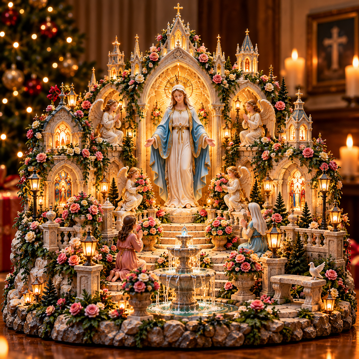 🌹🙏 Virgin Mary Prayer Sanctuary – Lighted Faith & Grace Display