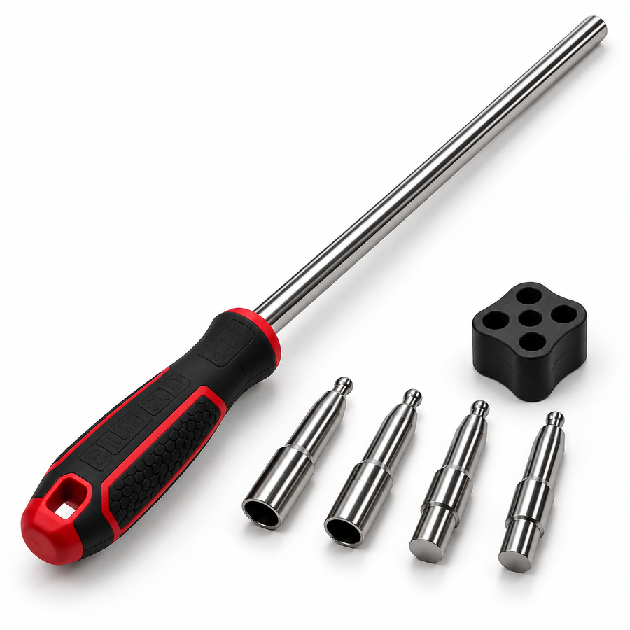 Red handle wheel fitting tool with four adapter pegs