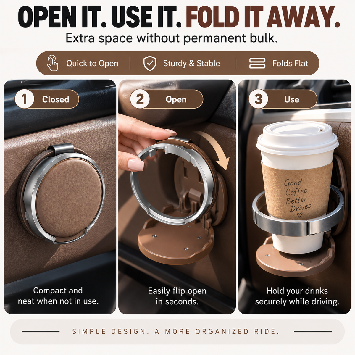 How foldable car cup holder opens and closes