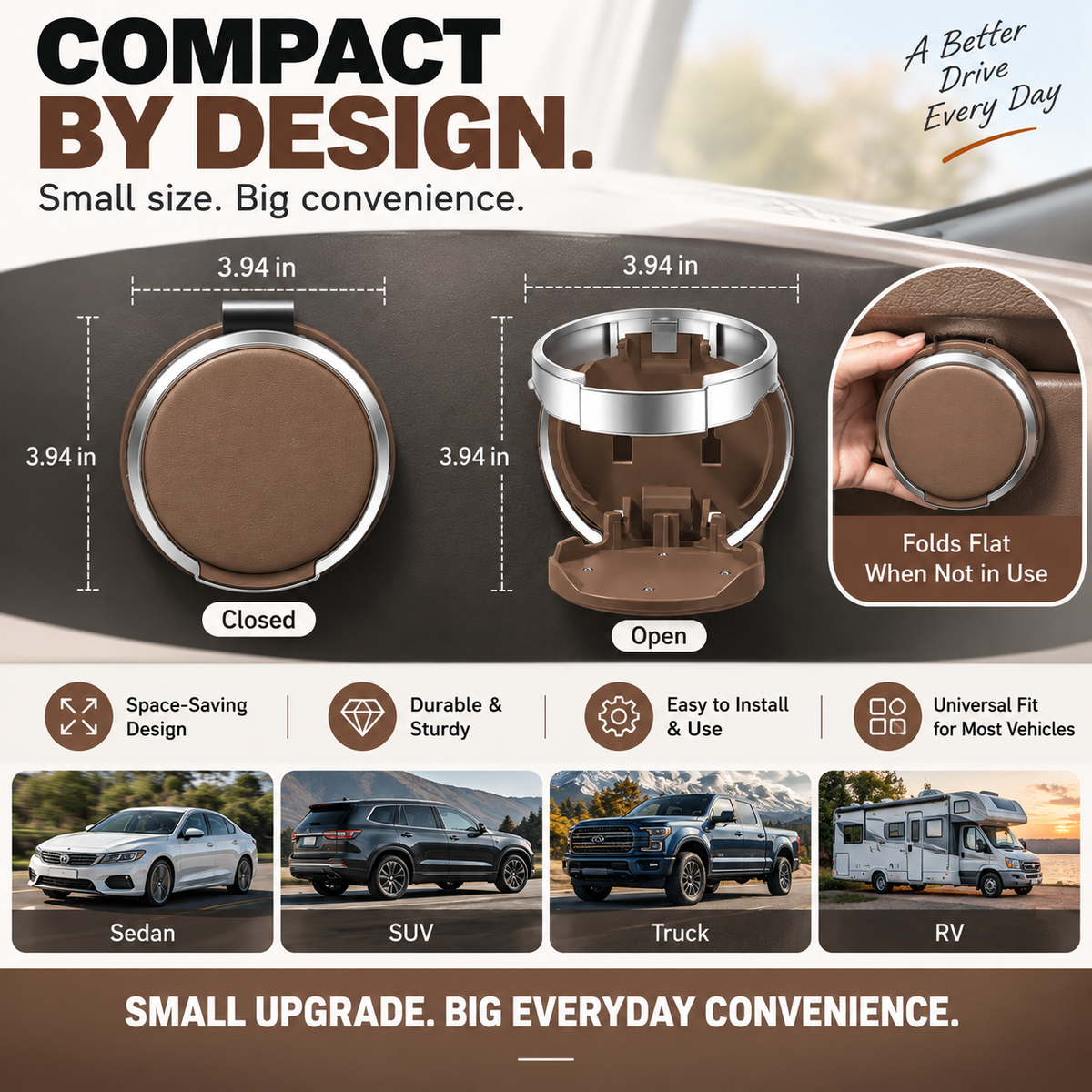 Foldable car cup holder compact dimensions
