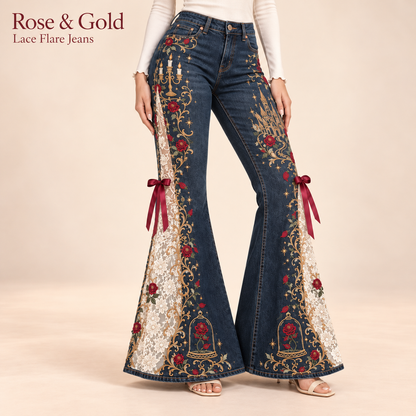 💖Romantic Embroidered Flare Jeans – High-Rise Denim with Lace Panels🌹