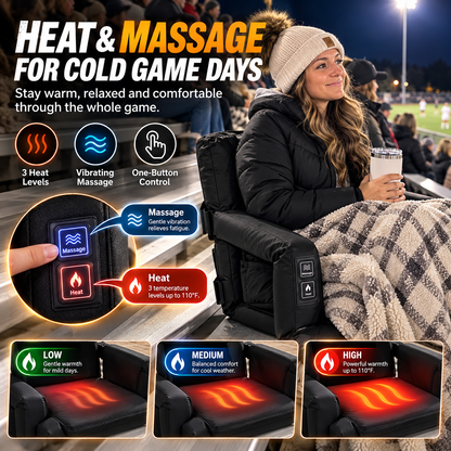 🔥 Heated & Massaging Bleacher Seat – 3 Heat Levels, 6 Reclining Positions