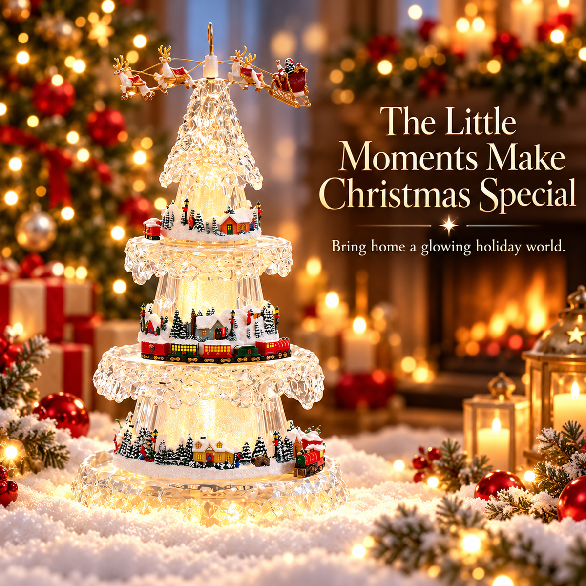 🎄 Musical Christmas Tree with Animated Train – Light-Up Acrylic Holiday Village Tabletop Decoration