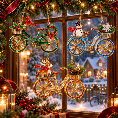 🎄 2026 Vintage Stained Glass Christmas Bicycle Ornaments – Set of 6