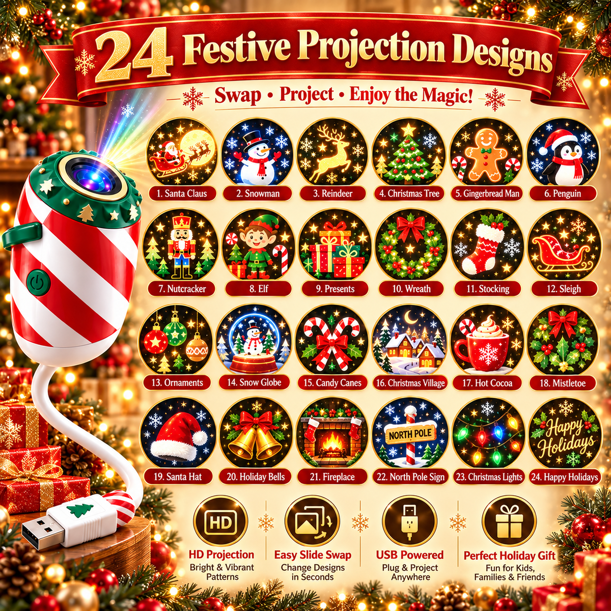 🎄 Christmas Window Projector – USB Holiday Projection Light ✨