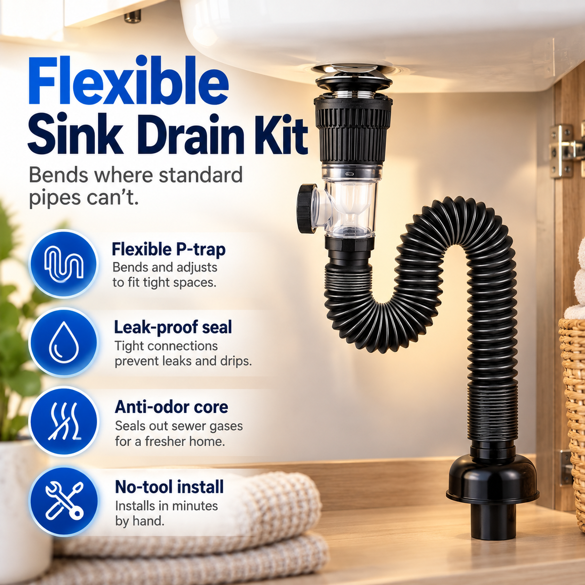 Flexible Sink Drain Kit – Adjustable Bendable Pipe with Anti-Odor Drain System
