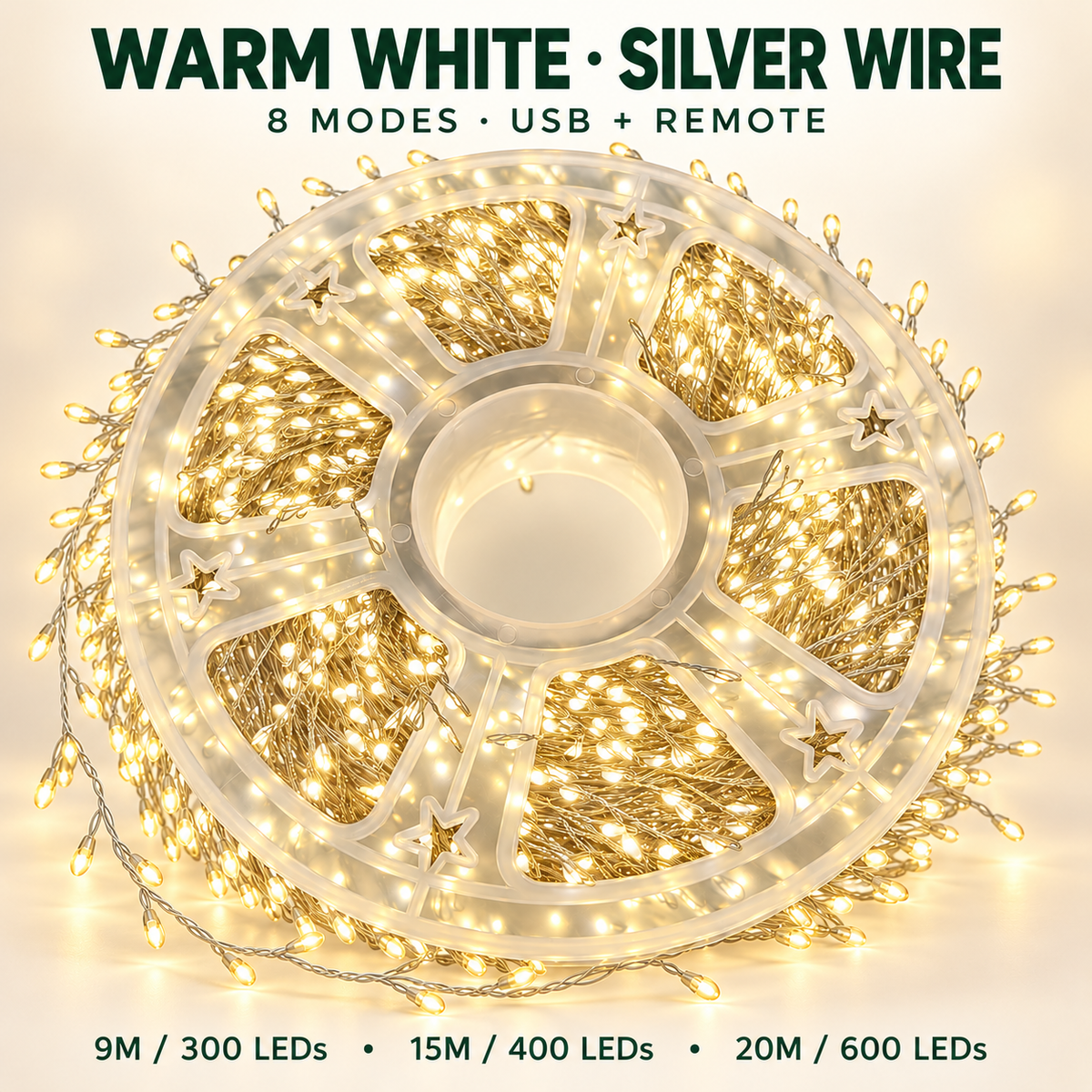 ✨ USB-Powered LED Cluster Christmas Lights 🎄 8 Modes, Remote Control & Multicolor or Warm White