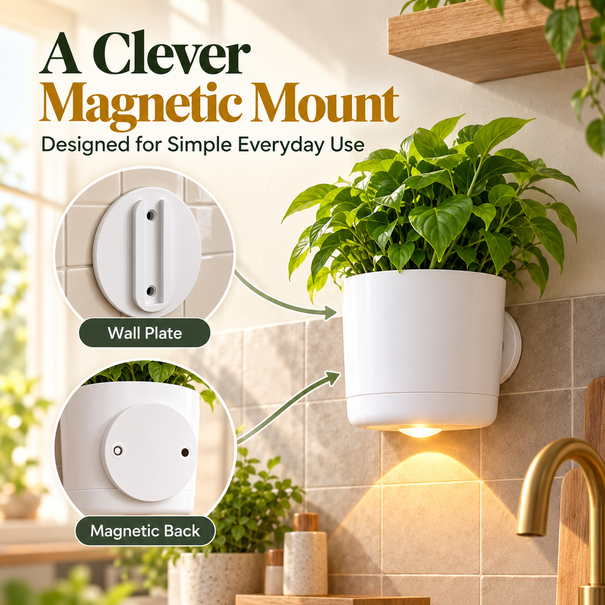 🌿 Wall-Mounted Magnetic Planter with Warm LED Light – Space-Saving Indoor Herb Pot & Modern Home Decor