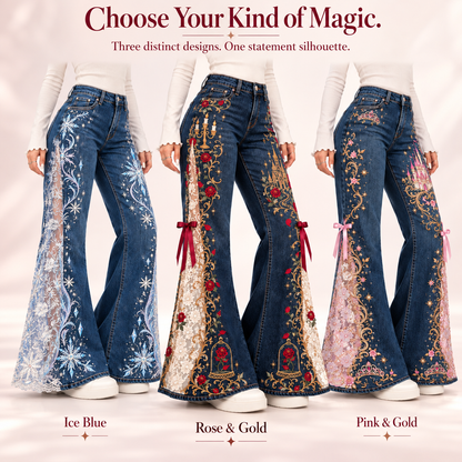 💖Romantic Embroidered Flare Jeans – High-Rise Denim with Lace Panels🌹