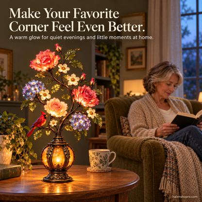 🌸🐦 Cardinal Garden Glow – Vintage Floral Accent Lamp with Warm Amber Light ✨
