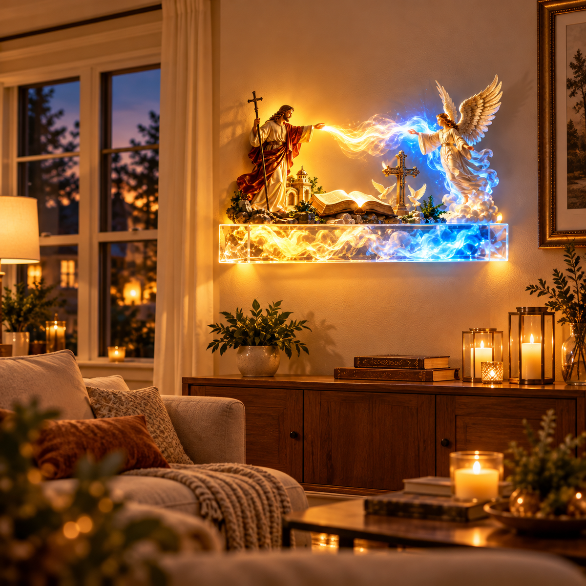 ✝️✨ Divine Light of Faith™ – 3D Lighted Jesus & Angel Cross Wall Art
