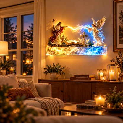 ✝️✨ Divine Light of Faith™ – 3D Lighted Jesus & Angel Cross Wall Art