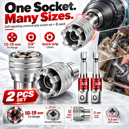 🔧2-Pack Self-Adjusting Universal Socket Set – 10–19mm Grip with 3/8" Drive Adapters