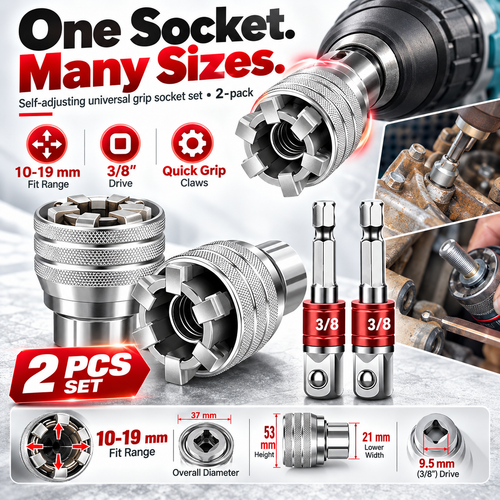 🔧2-Pack Self-Adjusting Universal Socket Set – 10–19mm Grip with 3/8" Drive Adapters