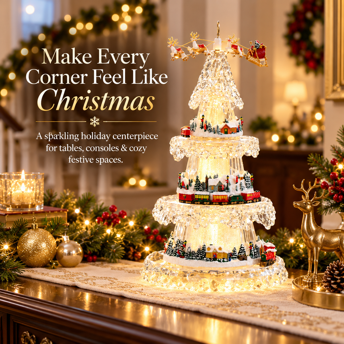 🎄 Musical Christmas Tree with Animated Train – Light-Up Acrylic Holiday Village Tabletop Decoration