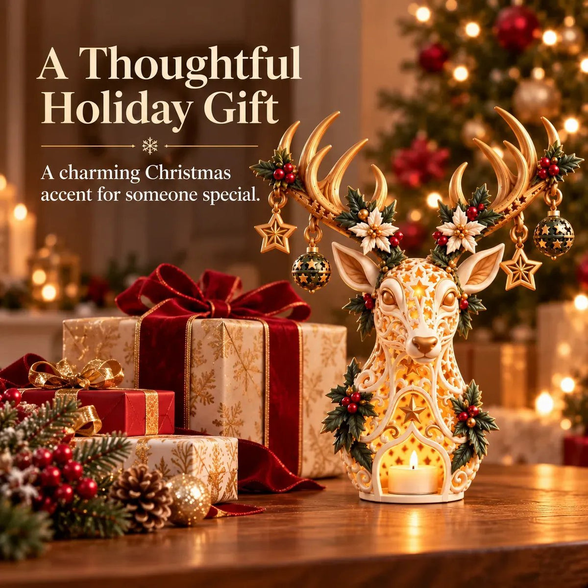 🦌✨ Golden Starlight Reindeer™ – Christmas Candle Holder with Magical Starry Glow 🎄🕯️