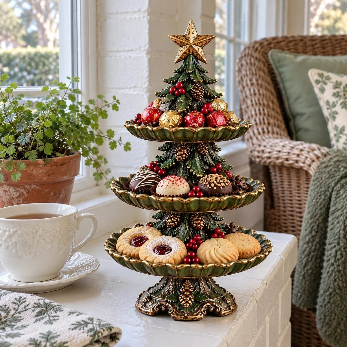 🎄 Vintage Christmas Tree 3-Tier Serving Stand
