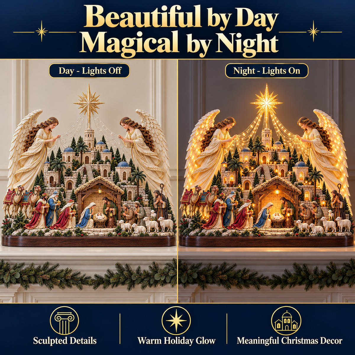 🎄✨ 3D Lighted Angel Nativity Centerpiece – Meaningful Christmas Mantel Decor