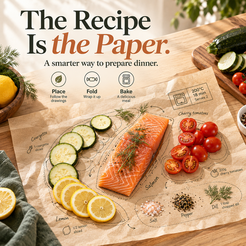 🍽️ Recipe-Printed Parchment Sheets – Place, Fold & Bake