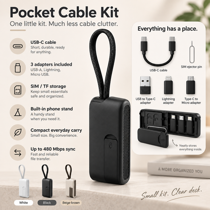🔌 Pocket Travel Cable Kit – USB-C Cable, 3 Adapters, SIM/TF Storage & Phone Stand